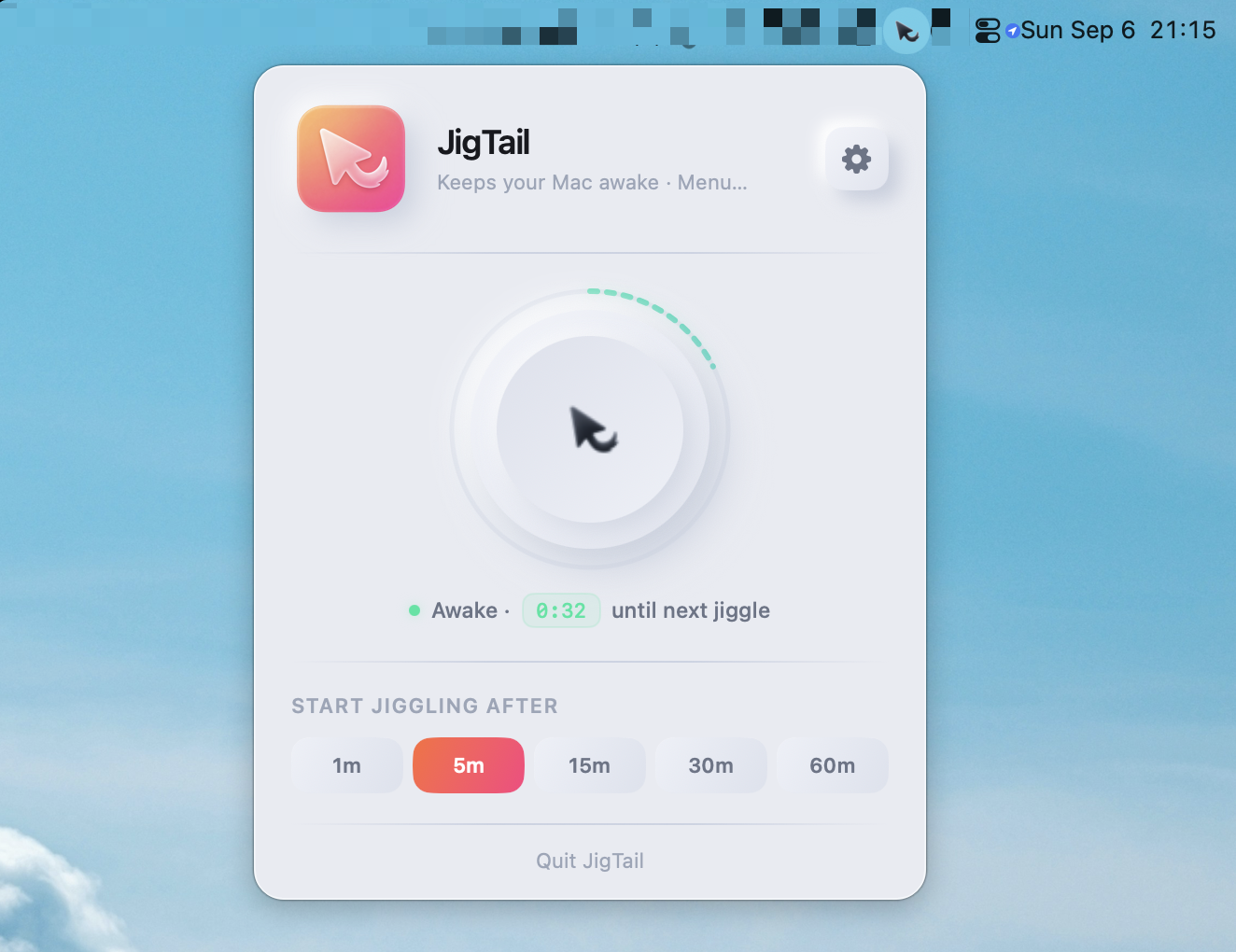 JigTail popover in light mode, actively jiggling with a live countdown ring